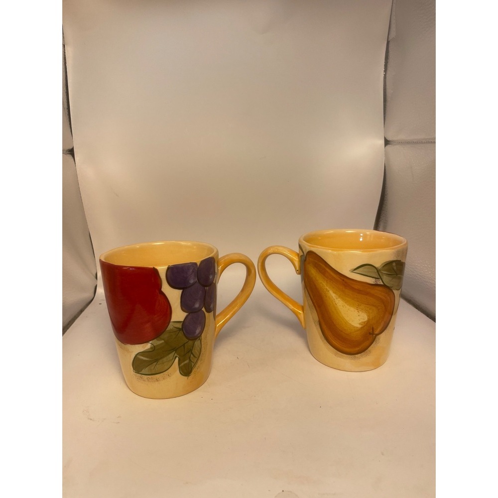Home Trends Granada Coffee Mugs (2) Fruit Grapes Pear Apple 12 Oz Dark Yellow
